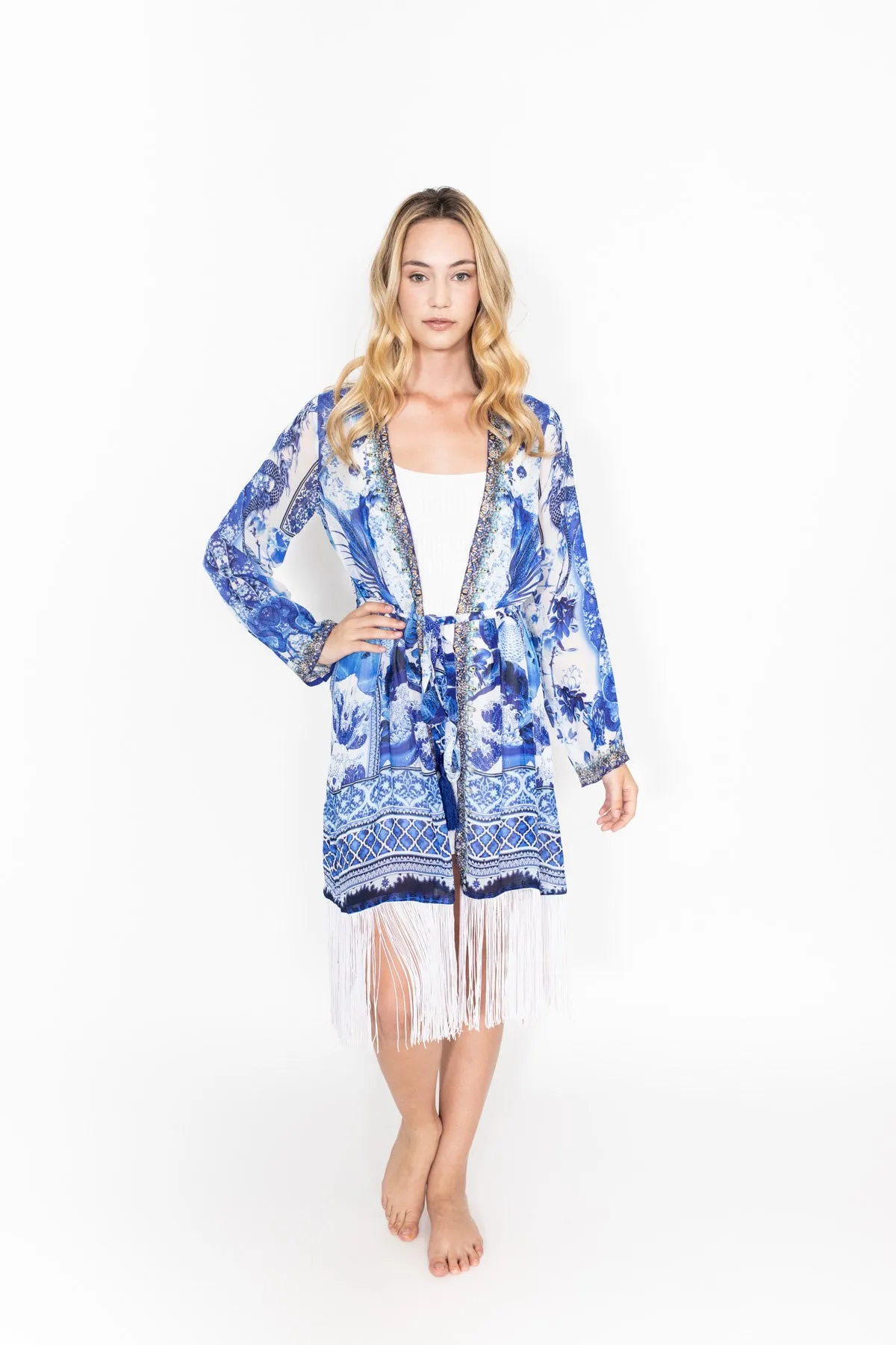 Blue/White Robe Duster with Fringe