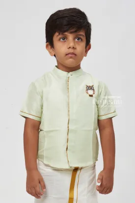 Boys Enchanted Green Silk Shirt: Adorned with Nature's Guardian