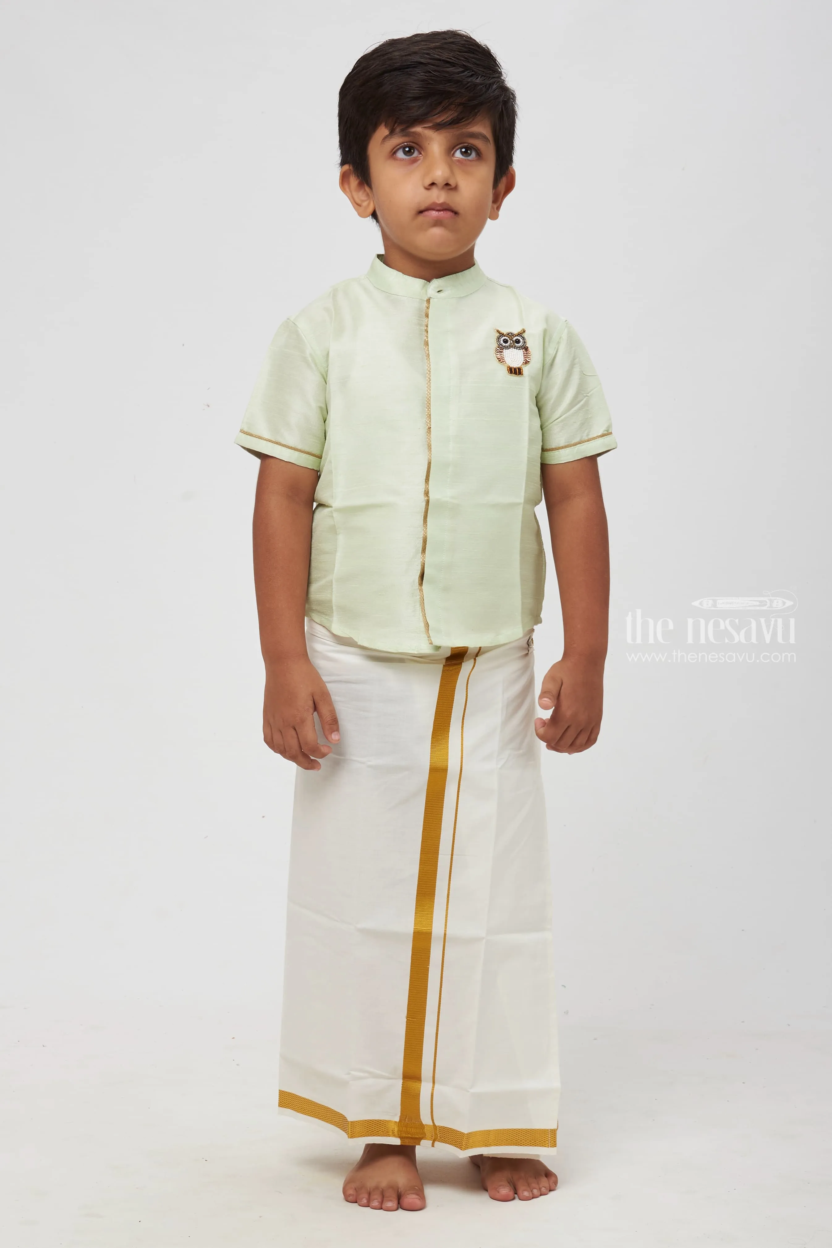 Boys Enchanted Green Silk Shirt: Adorned with Nature's Guardian