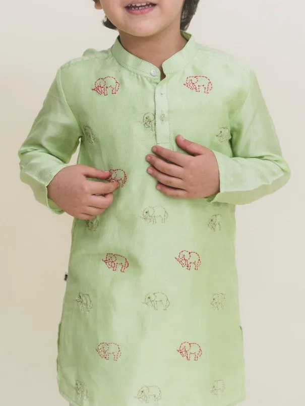 Boys Green-White Katha Viscose Silk Kurta Pajama Set (Set of 2)