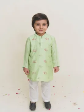 Boys Green-White Katha Viscose Silk Kurta Pajama Set (Set of 2)