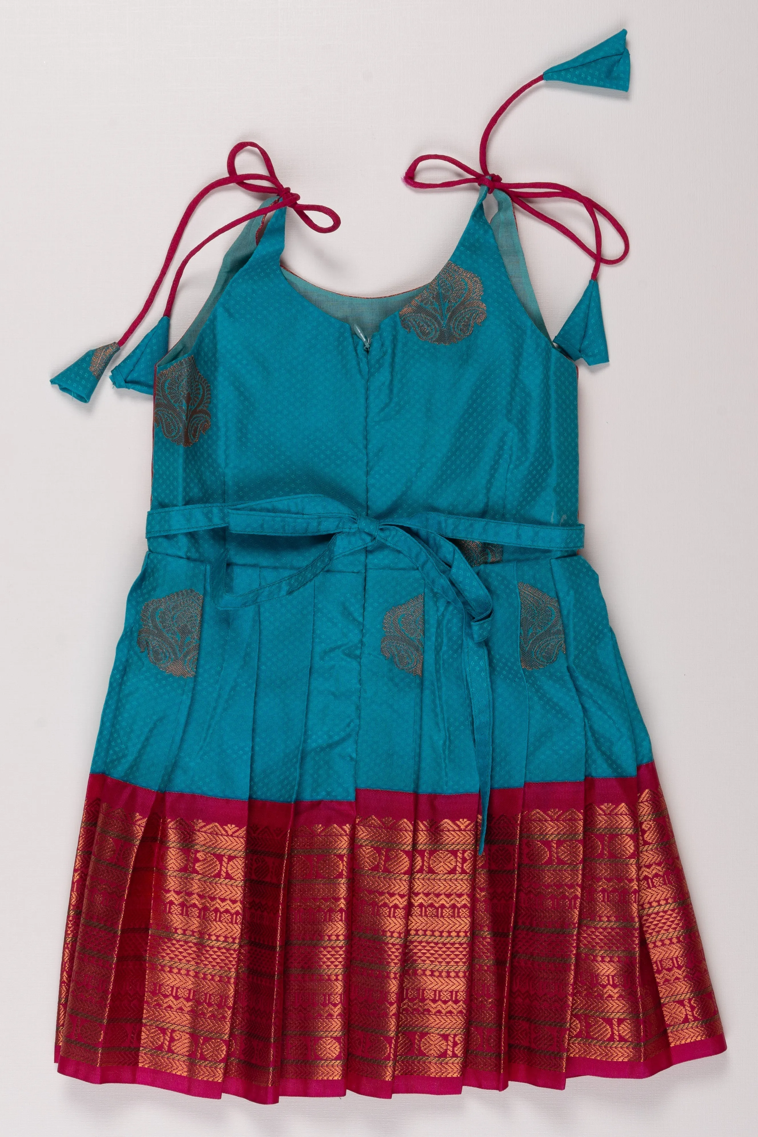 Cerulean Charm Red Silk Tie-Up Frock with Traditional Zari Hem