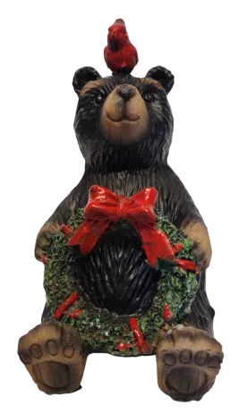 Christmas Bear Figurine Holding Peace Sign, Christmas Wreath or Christmas Tree