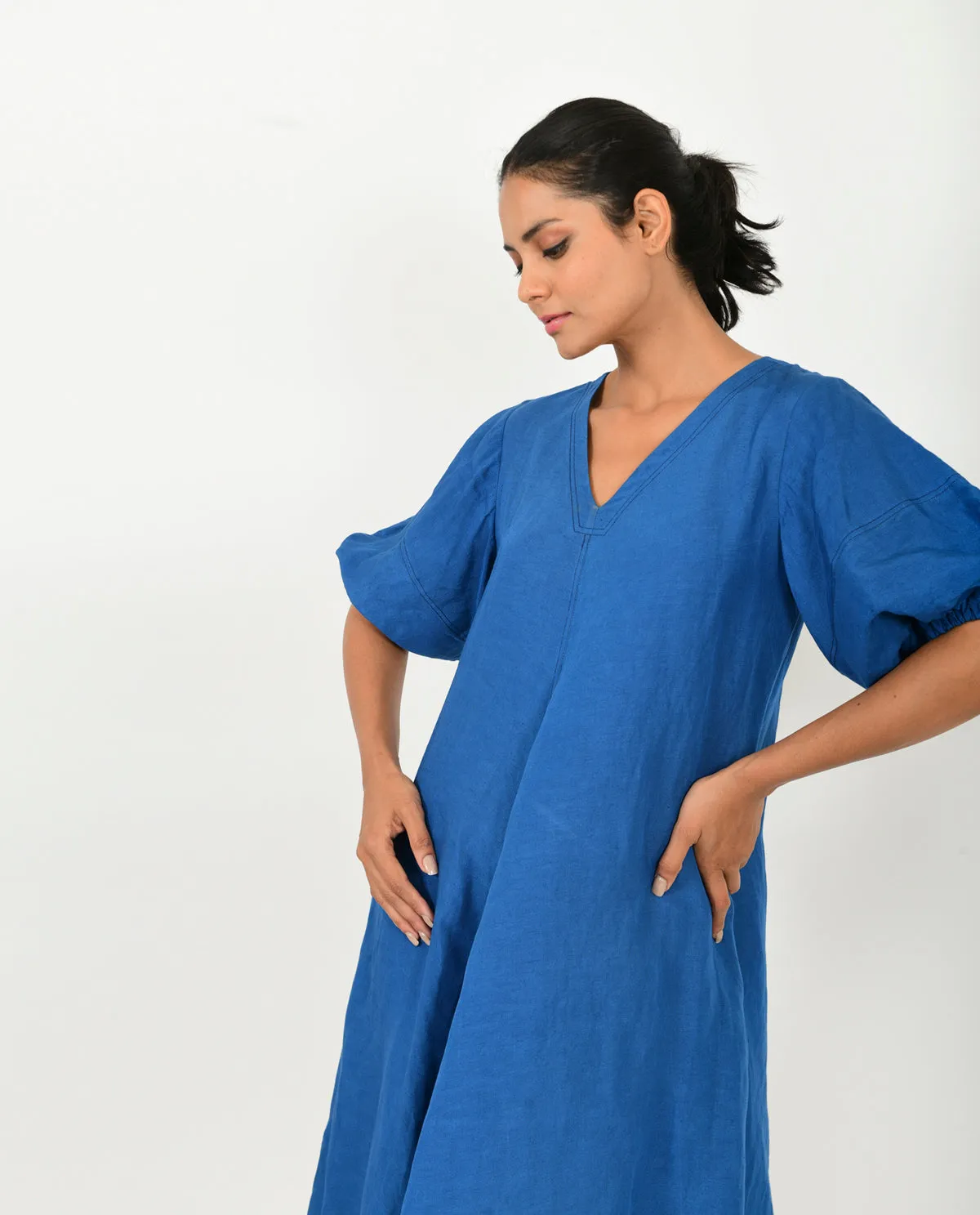 Classic Blue Cotton Dress With Puffed Sleeves