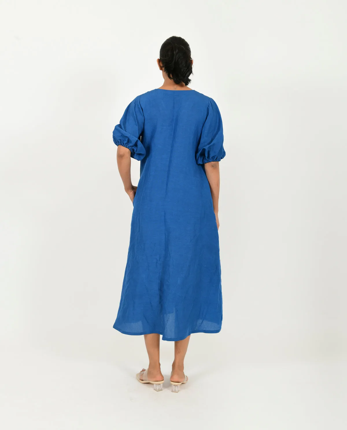 Classic Blue Cotton Dress With Puffed Sleeves