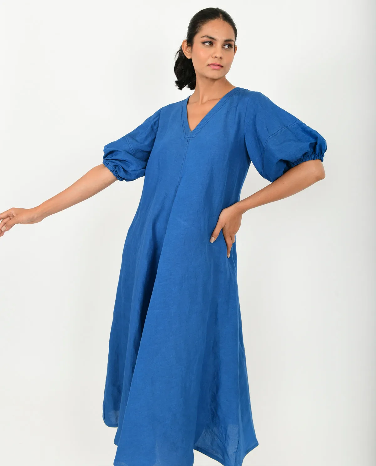 Classic Blue Cotton Dress With Puffed Sleeves