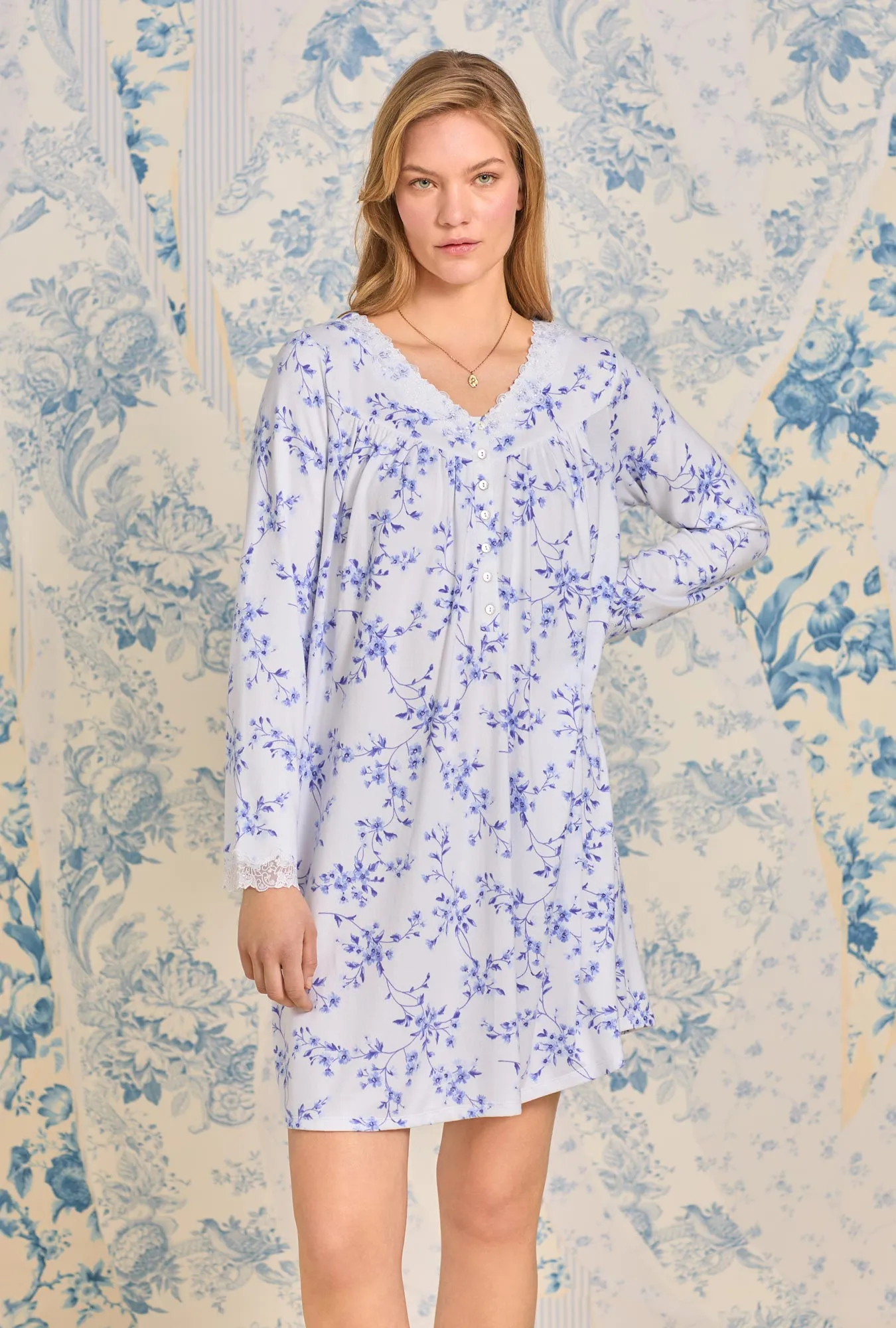 Delicate Blue Floral Cozy Sweater Knit Short Nightgown