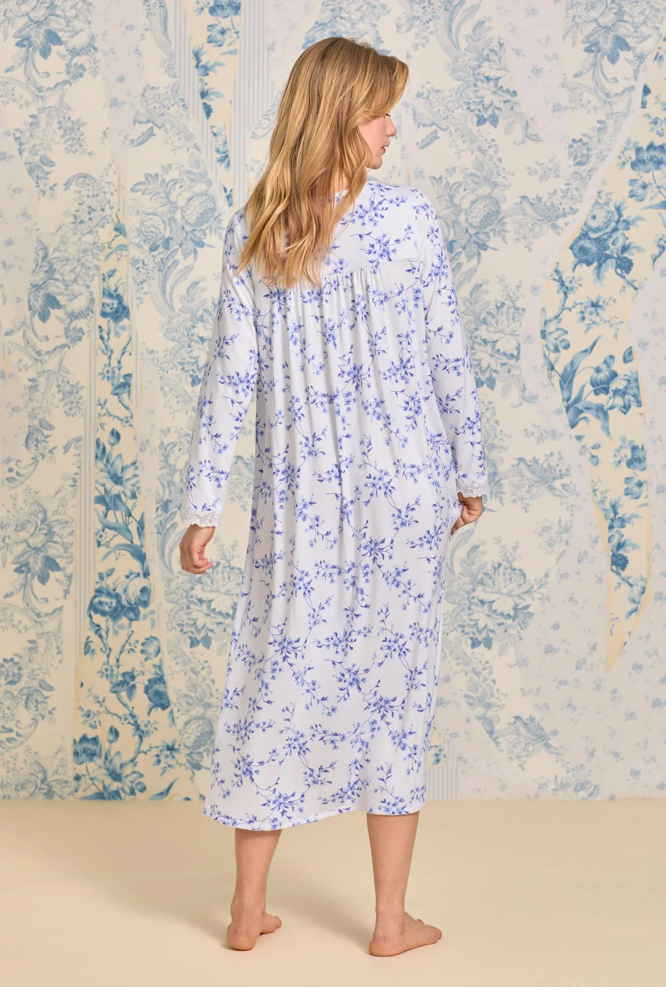 Delicate Blue Floral Sweater Knit Long Nightgown