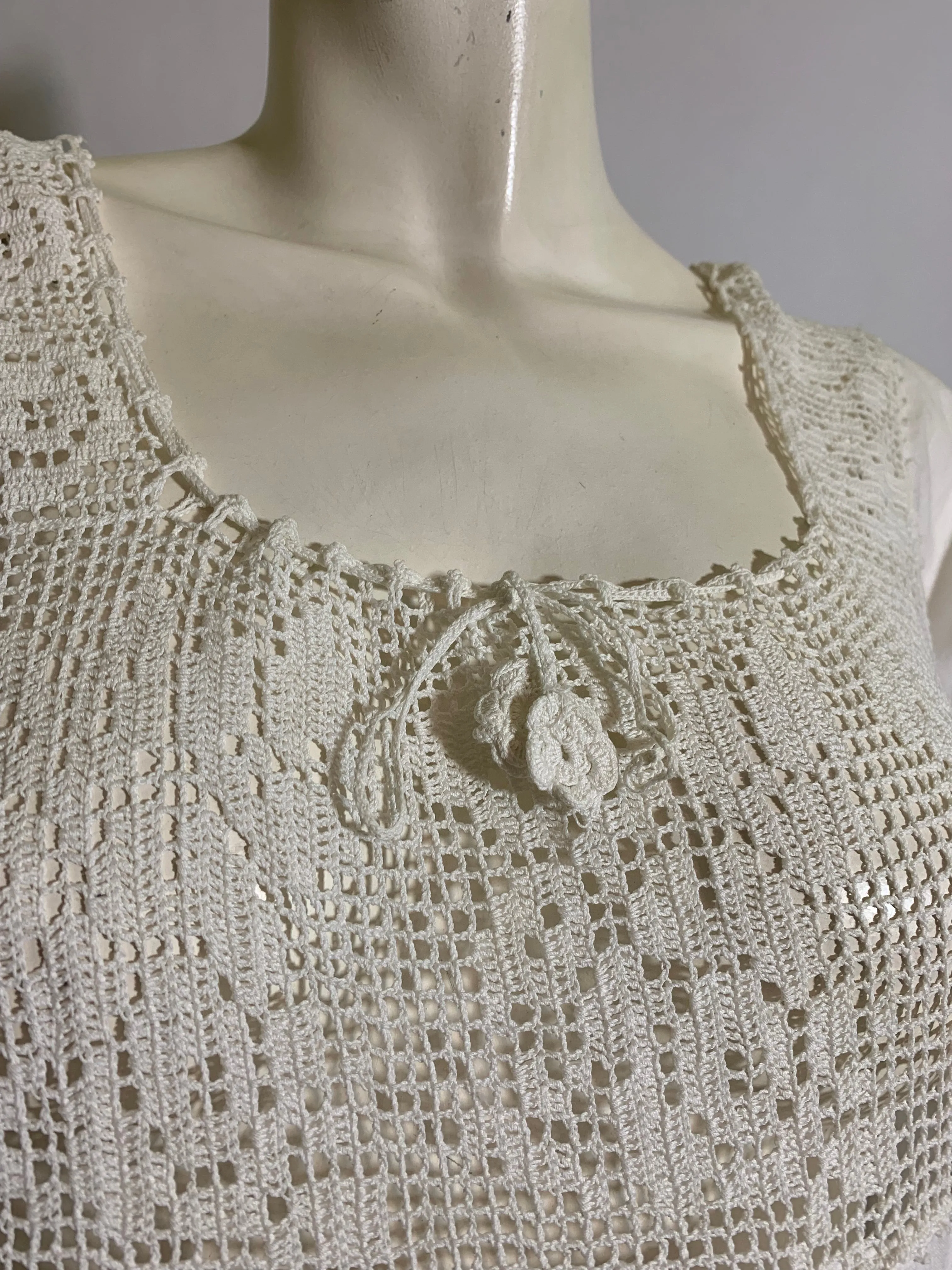 Dreamy White Cotton Nightgown with Crocheted Neckline and Cinch Tie circa 1910s