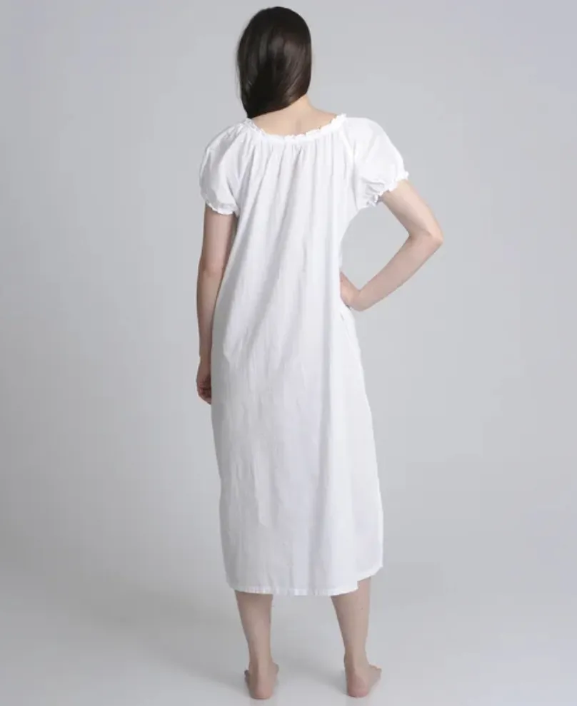 Embroidered Cotton Puff Sleeve Long Nightgown