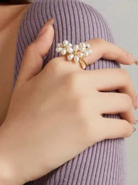 Falling Petals Series Pearl Daffodil Blossom Open Ring