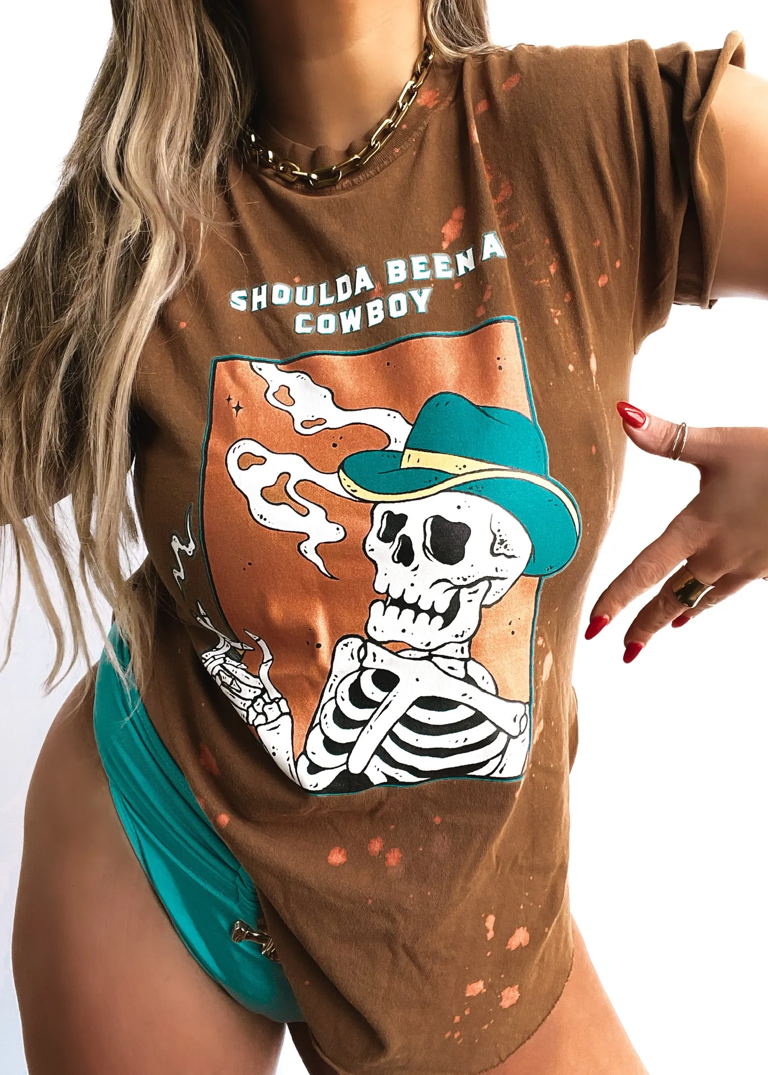 FINAL SALE: SKELETON COWBOY BLEACHED OUT SIDE SLIT TEE