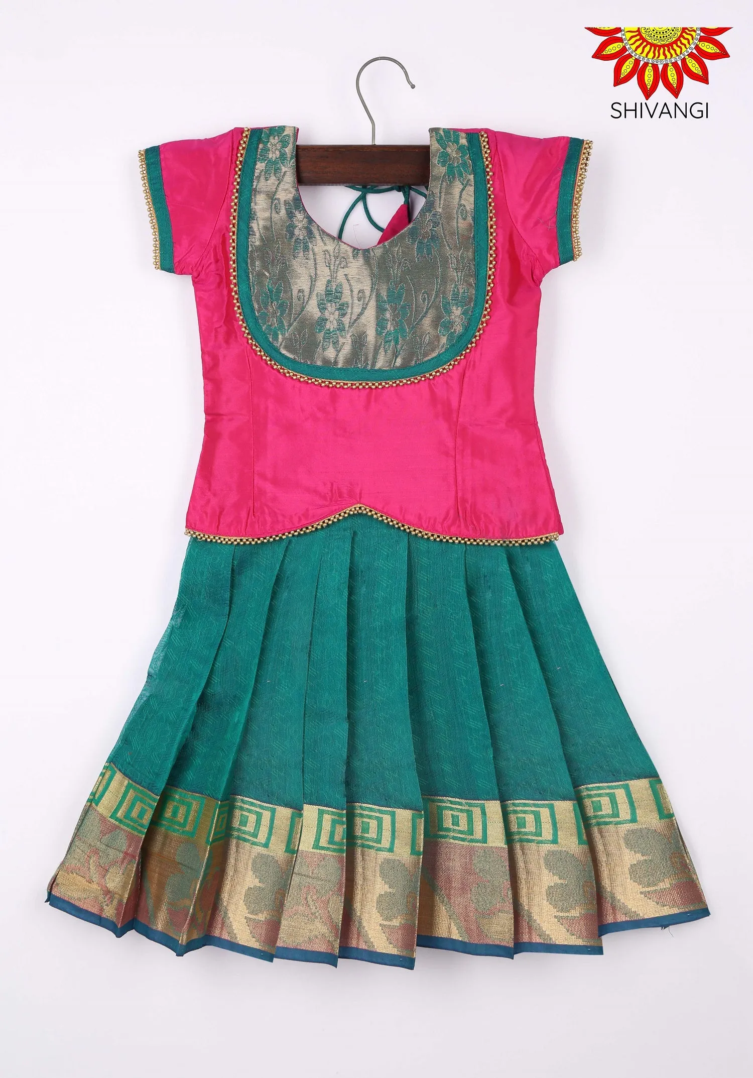 Girls Art Silk Pattu Pavadai Dark Green and Pink