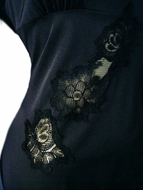 *GORGEOUS SOPHISTICATED VINTAGE HENSON KICKERNIK BLACK LACE APPLIQUE NIGHTGOWN OPEN BACK