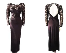 *GORGEOUS SOPHISTICATED VINTAGE HENSON KICKERNIK BLACK LACE APPLIQUE NIGHTGOWN OPEN BACK