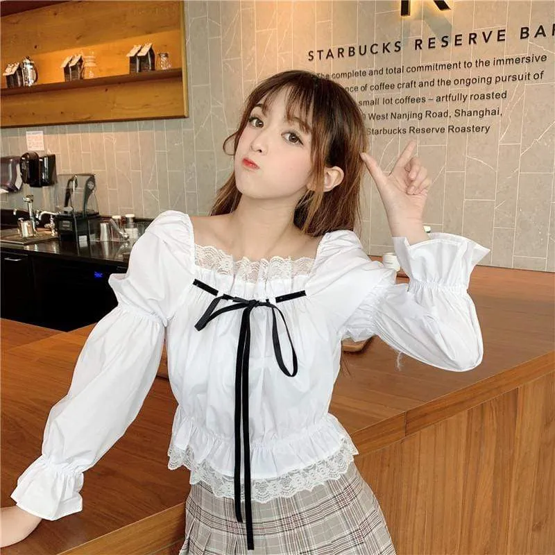 Kawaii Square Collar Shirt With Silk Ribbon