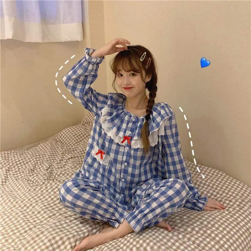 Lace Falbala Loose Plaid Pajama