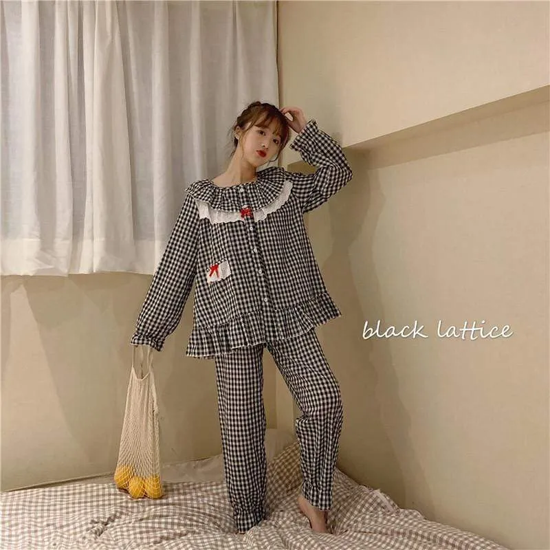 Lace Falbala Loose Plaid Pajama