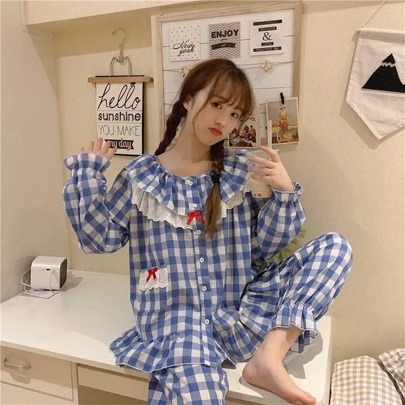 Lace Falbala Loose Plaid Pajama