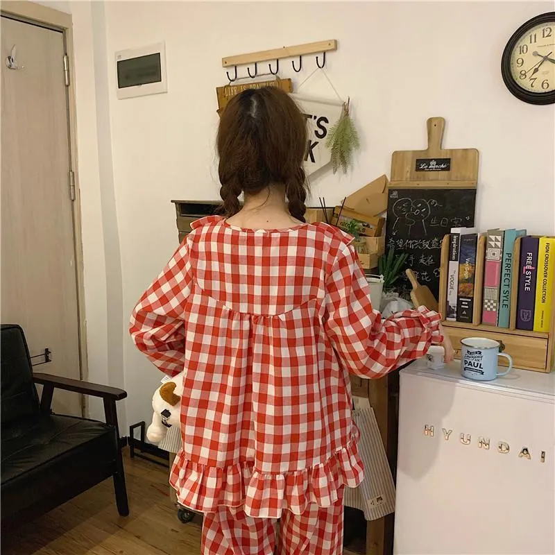 Lace Falbala Loose Plaid Pajama