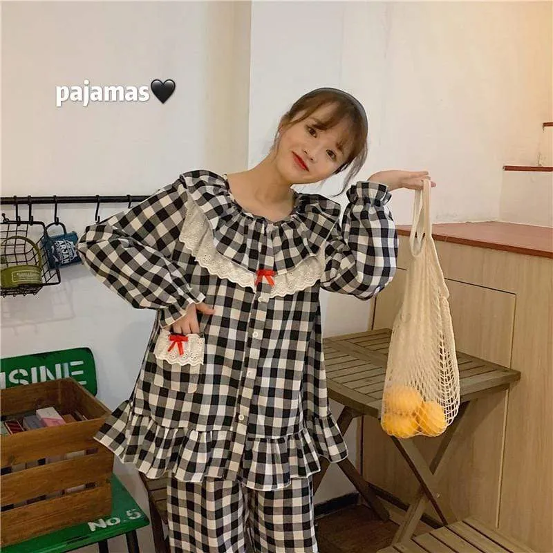 Lace Falbala Loose Plaid Pajama