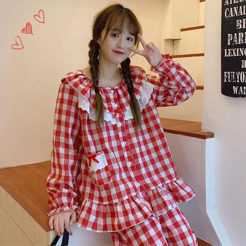 Lace Falbala Loose Plaid Pajama