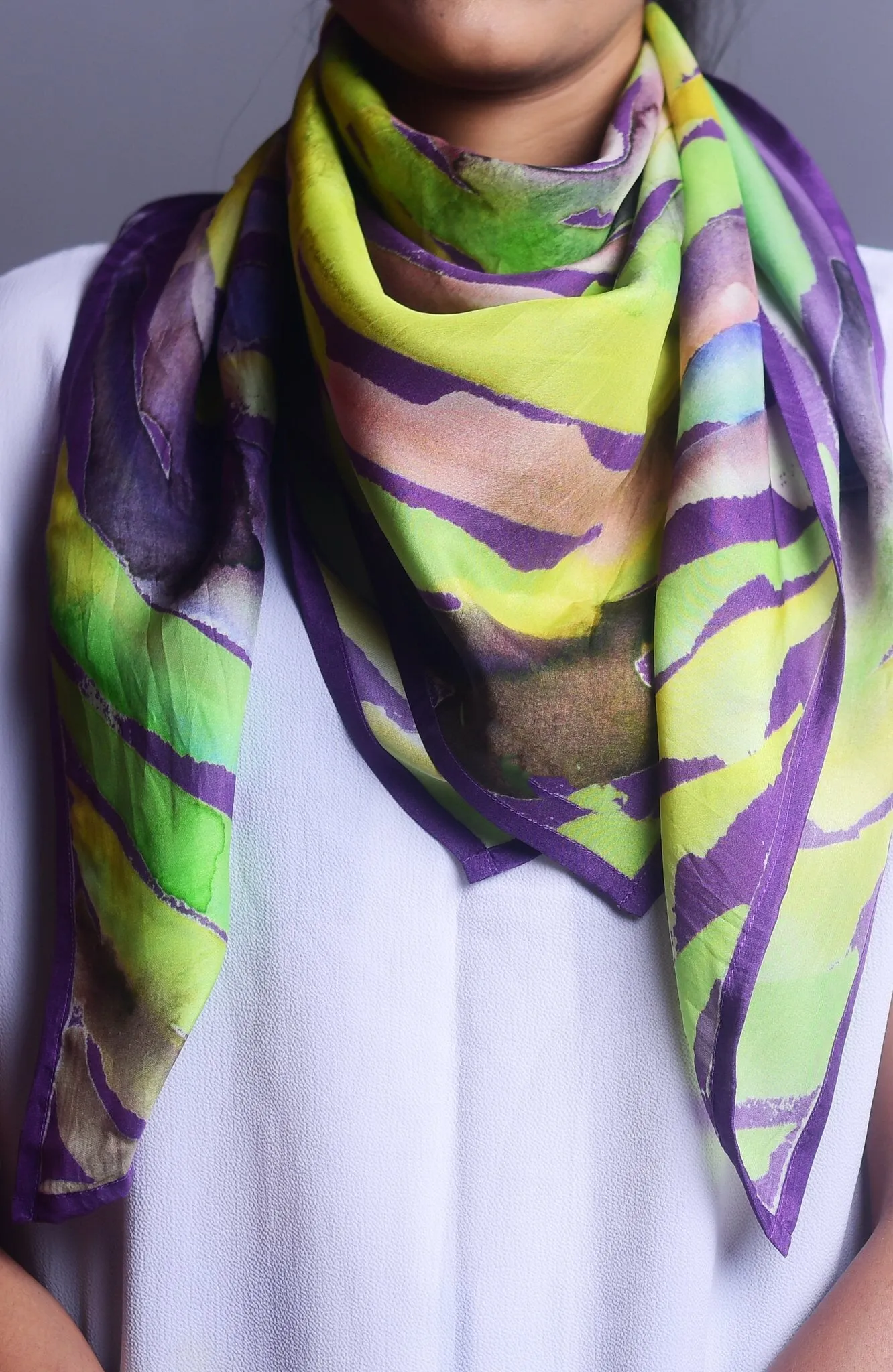 Lilac and Lime Green Water twirl Printed Pure Silk Scarf and Pocket Square Gift Set