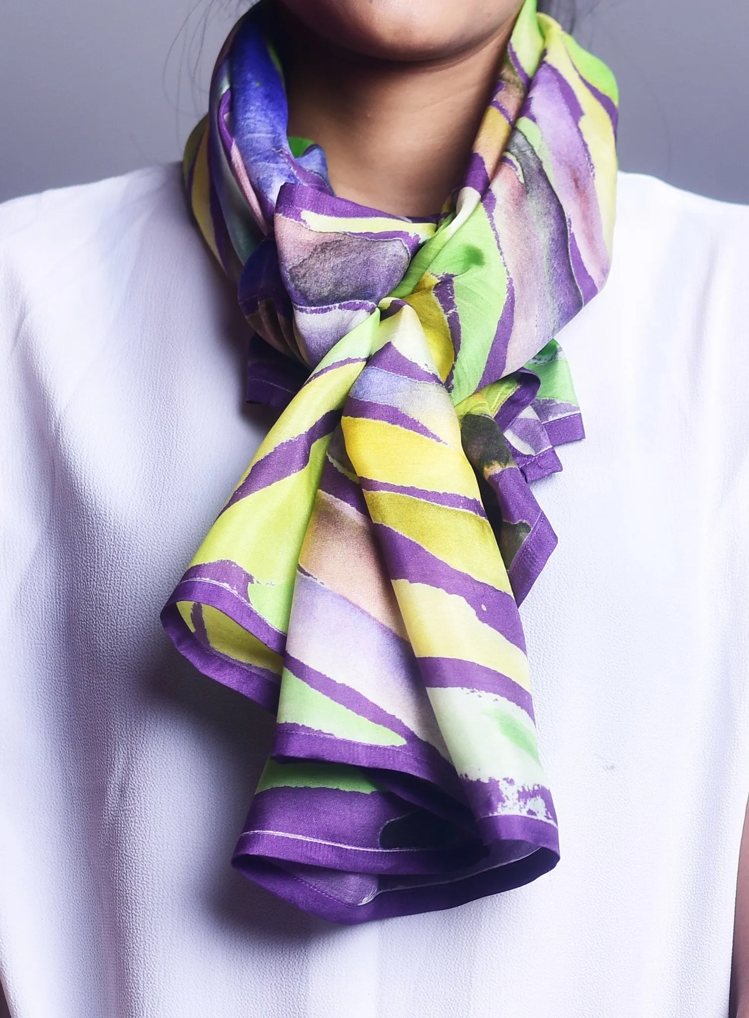 Lilac and Lime Green Water twirl Printed Pure Silk Scarf and Pocket Square Gift Set