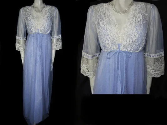 LOVELY LACE & SATIN RIBBON PEIGNOIR & NIGHTGOWN SET IN JACARANDA