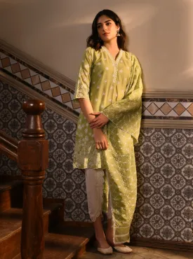 Mulmul Cotton Irsia Light Green Kurta With Mulmul Cotton Border White Dhoti Pant