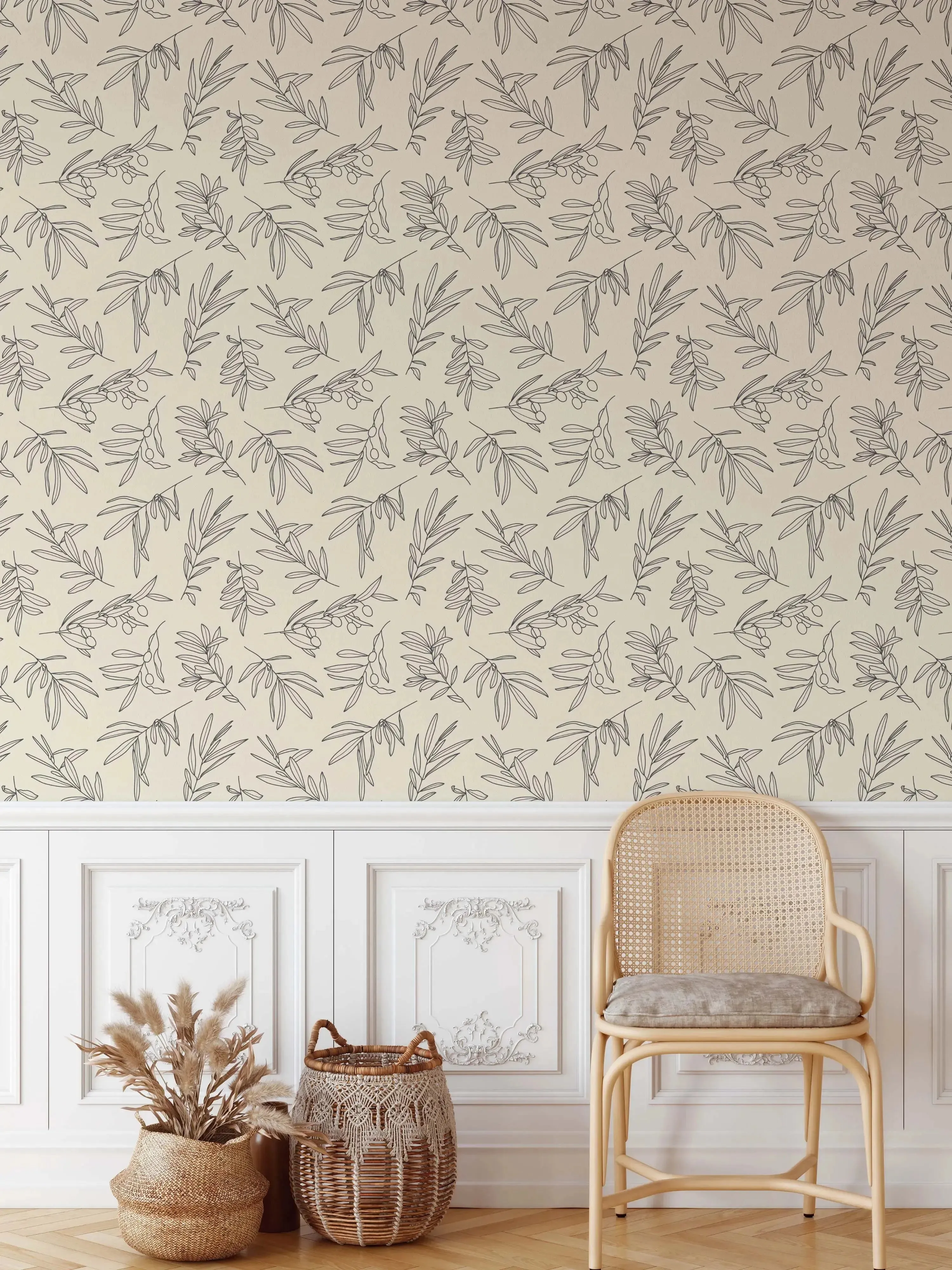 'Olive' - Vintage Cream and Black Olive Leaf Removable Wallpaper