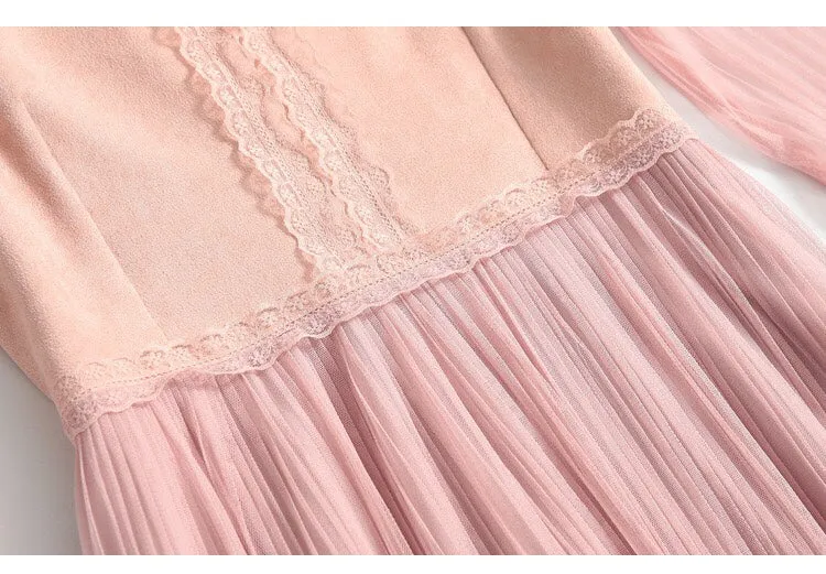 Pink Suede and Pleated Lace Dress