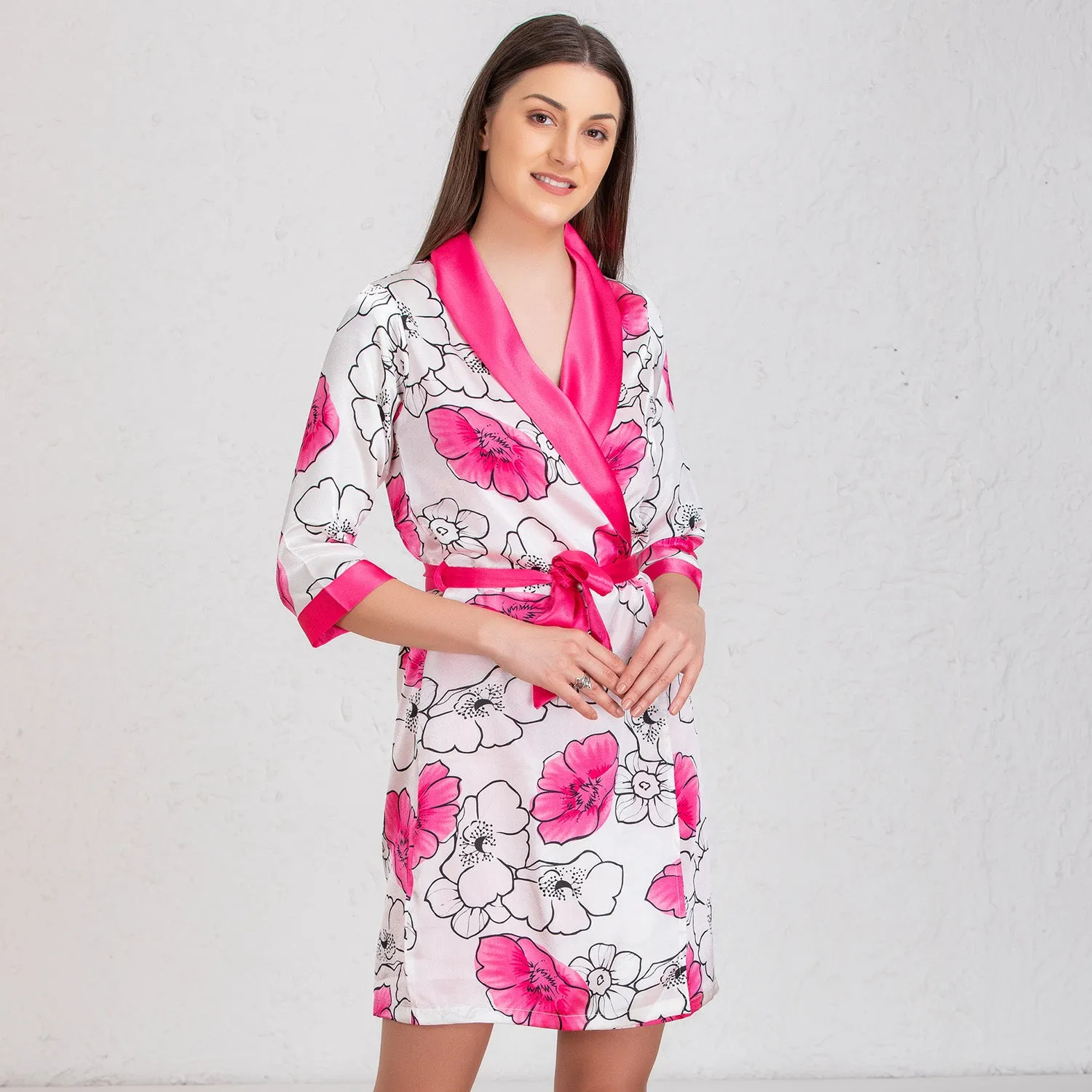 Plain satin Babydoll & print robe Nightgown set Pink