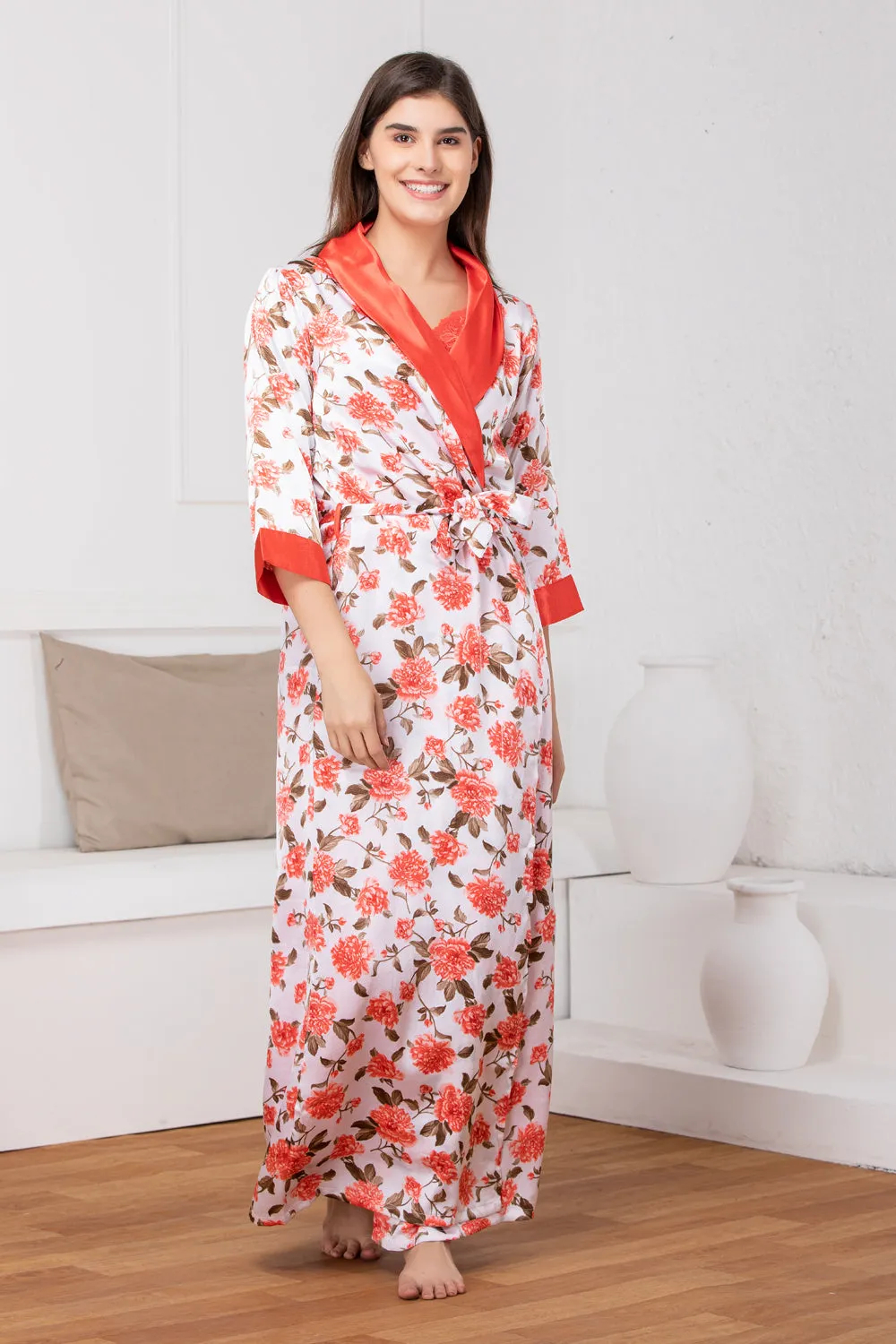 Print satin Red Nightgown set