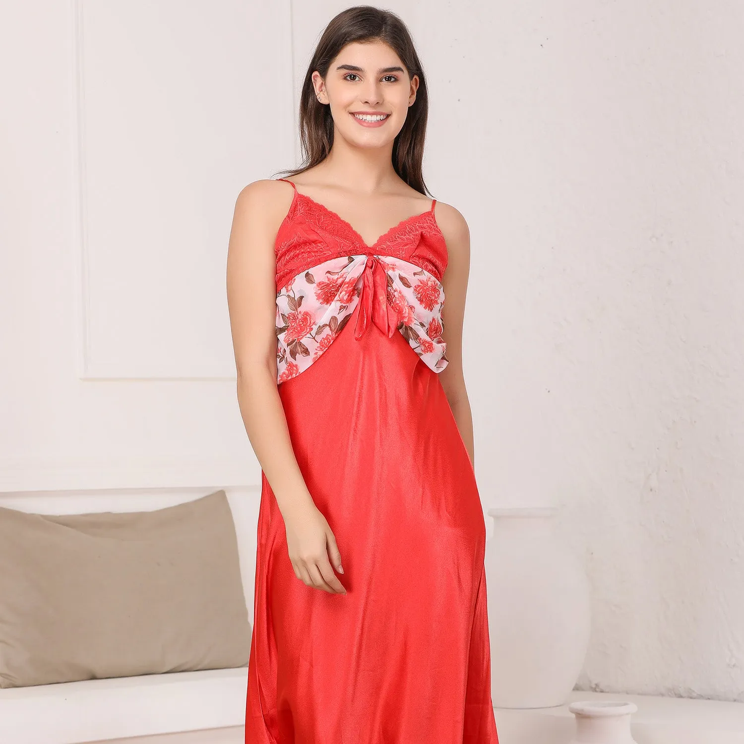 Print satin Red Nightgown set