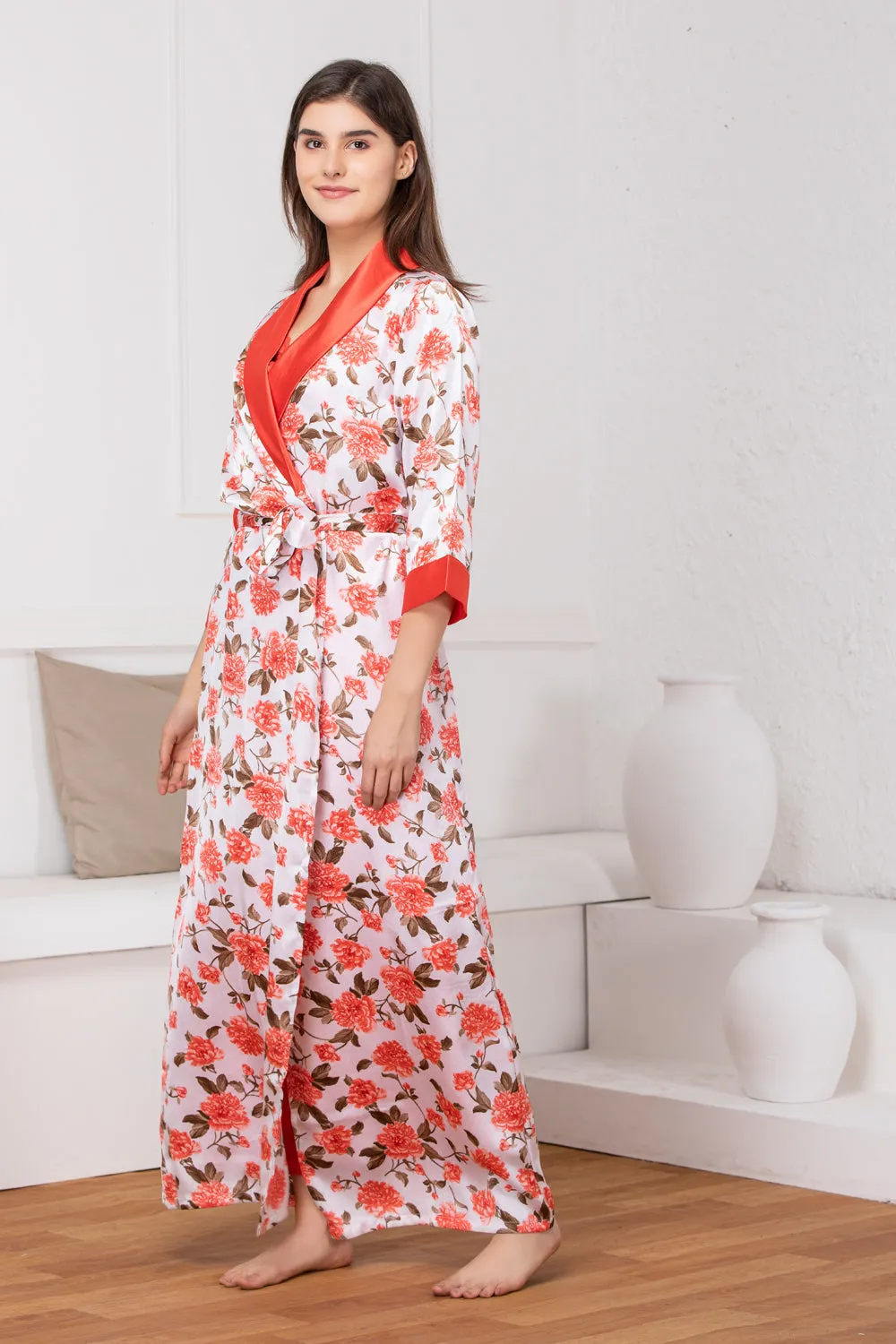 Print satin Red Nightgown set