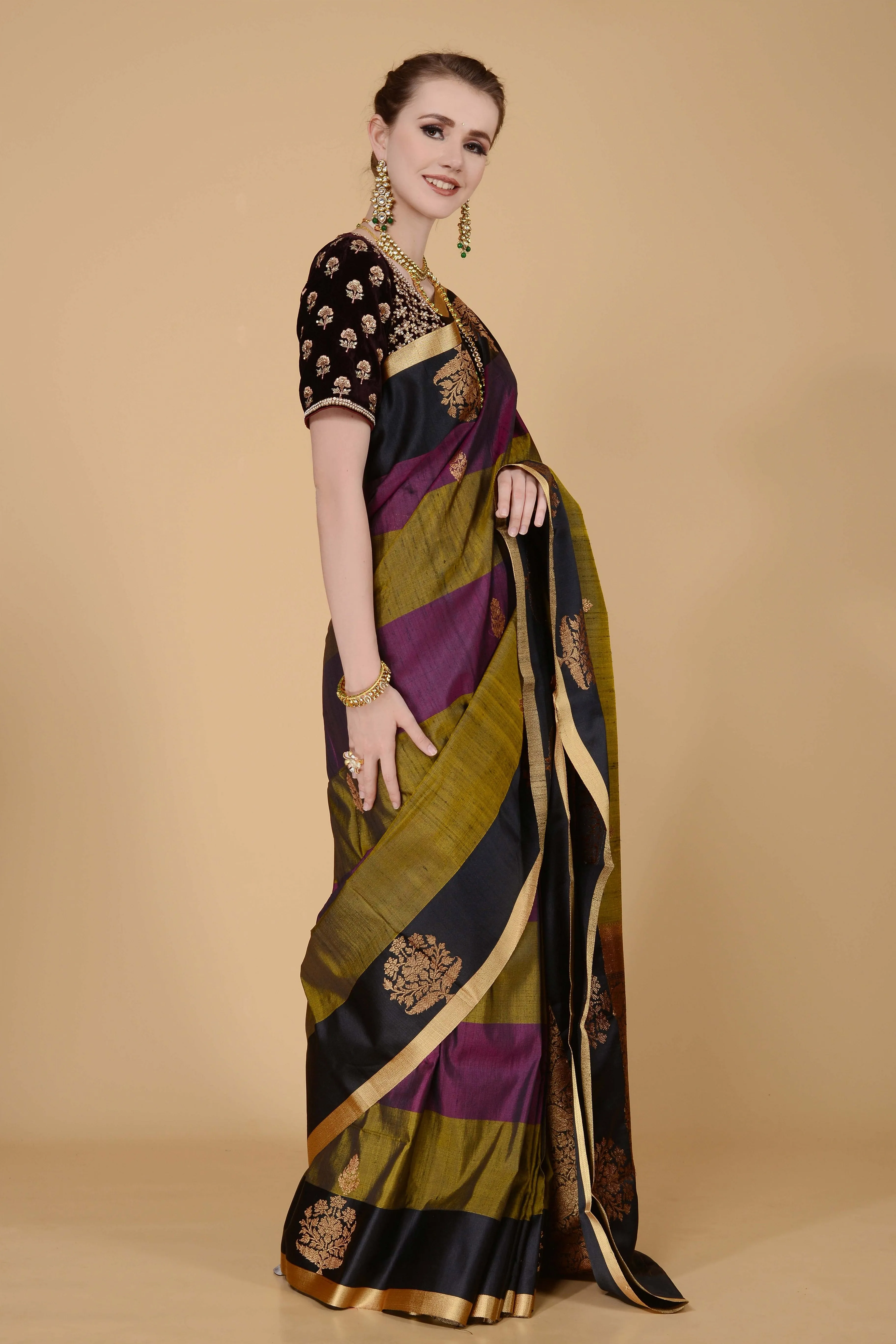 Purple Black and Olive Stripes Saree