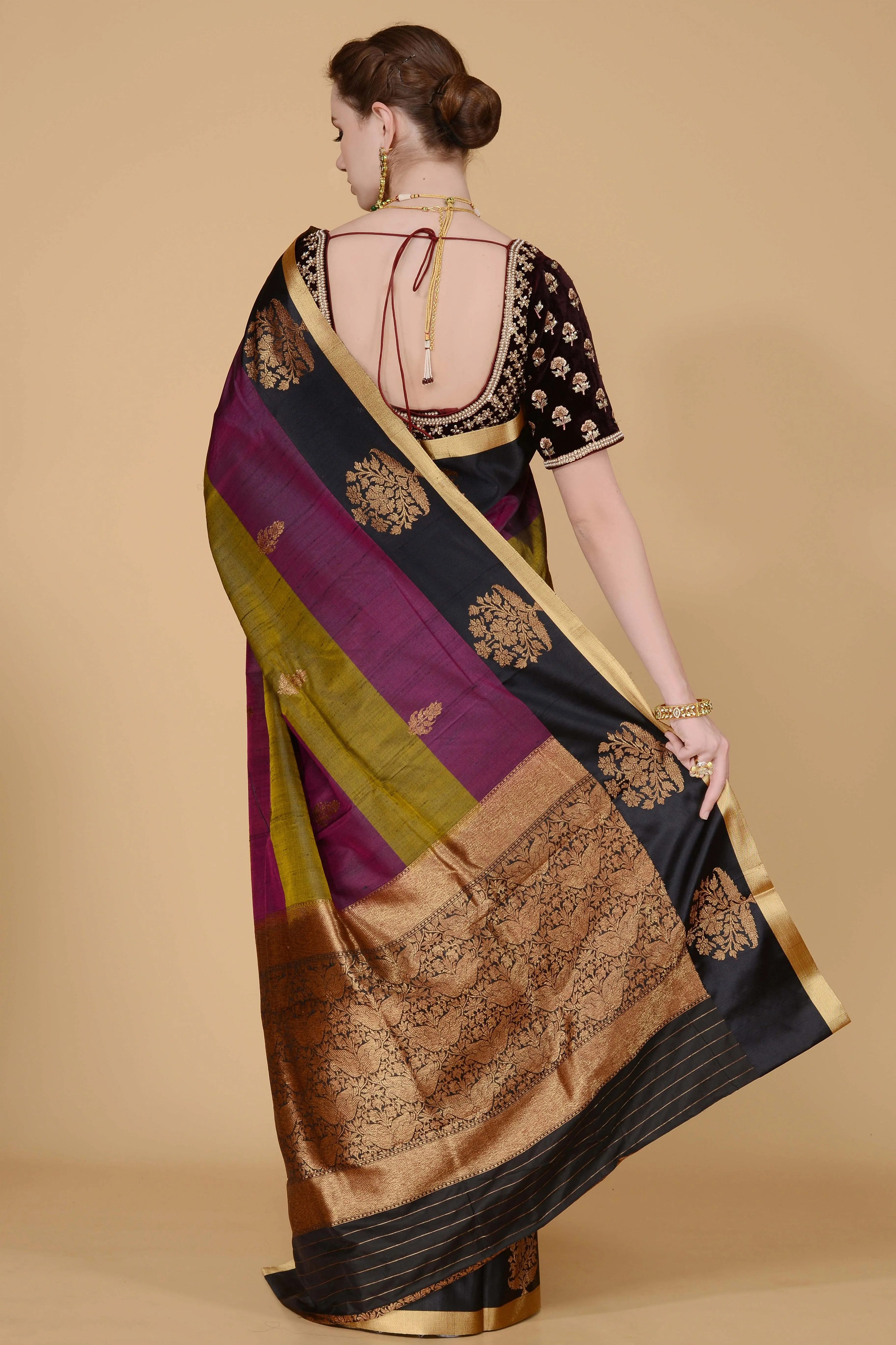 Purple Black and Olive Stripes Saree