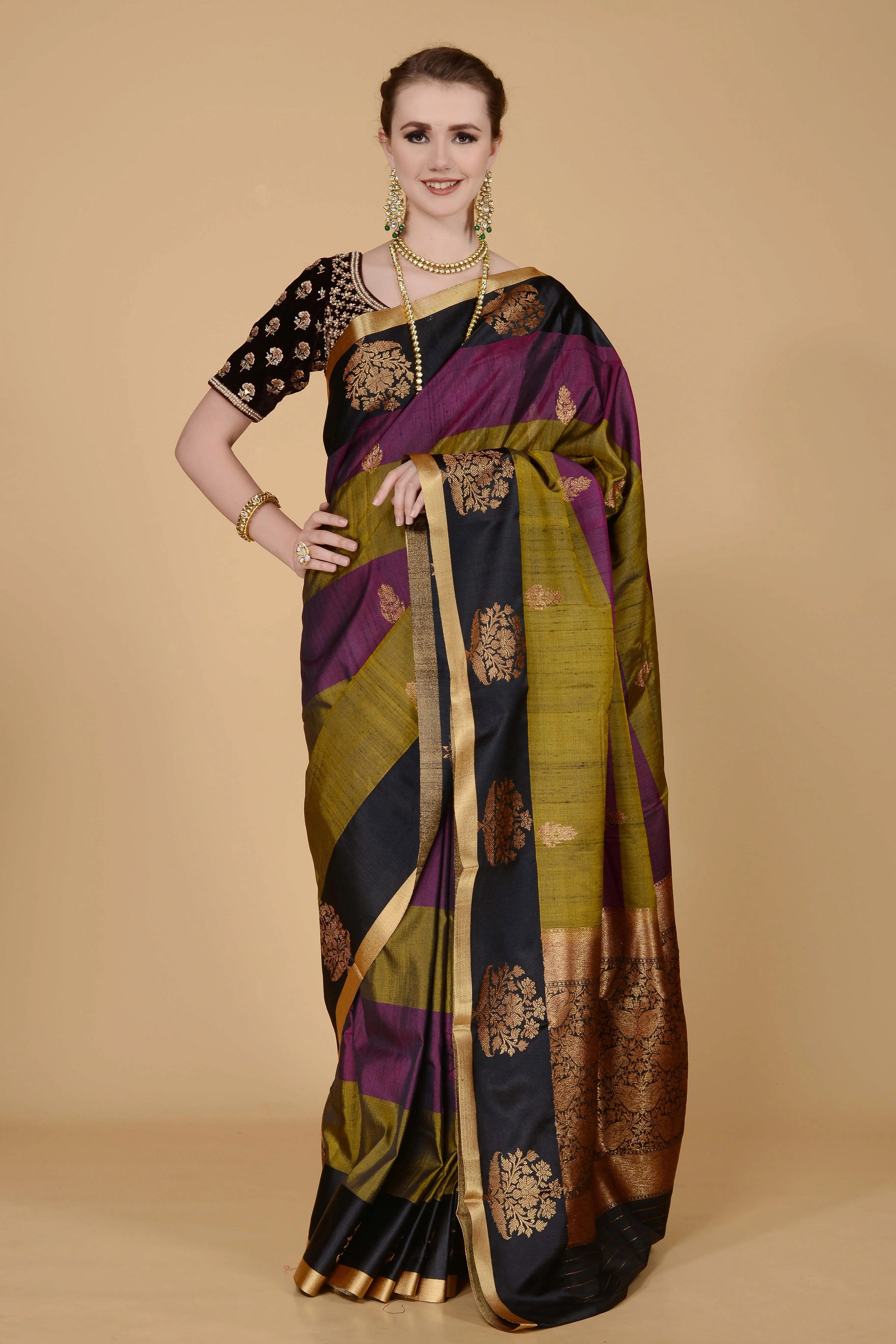 Purple Black and Olive Stripes Saree