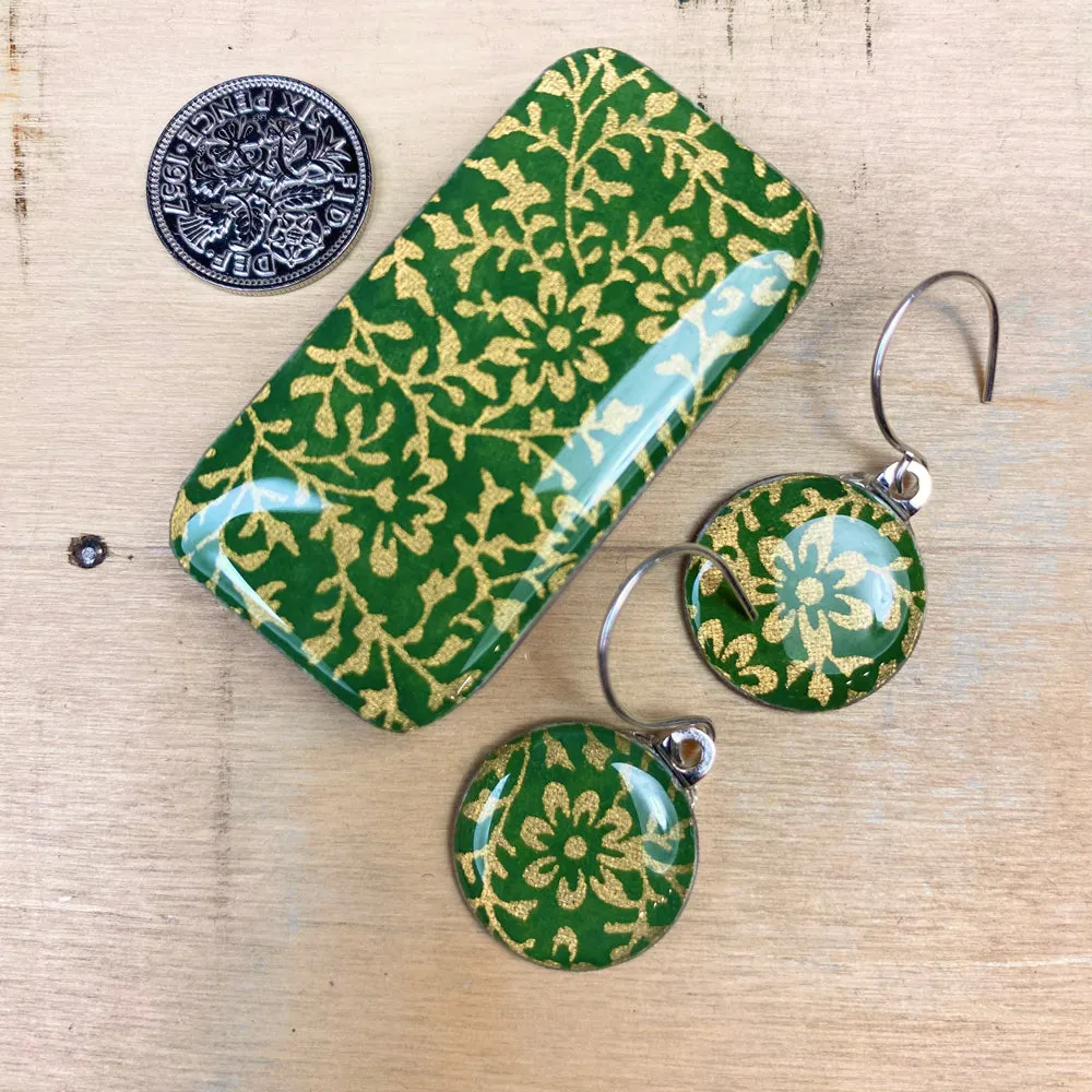 Sixpence Earrings and Teeny Tiny Tin - Ditsy Green