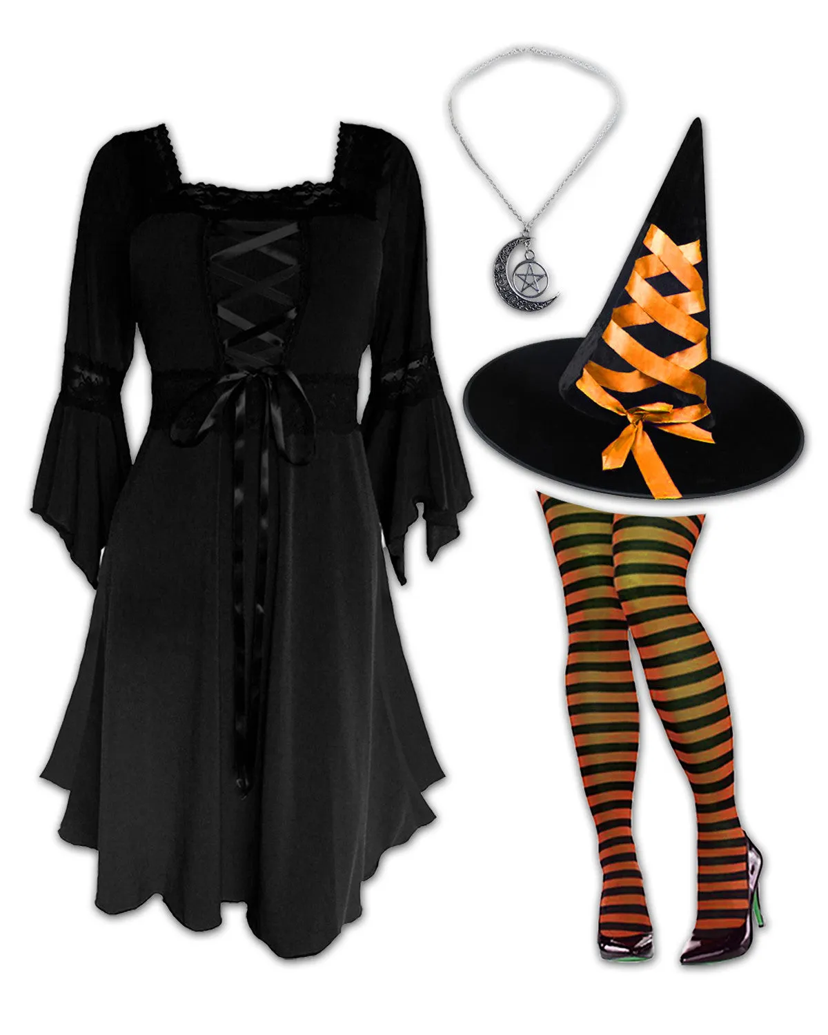 Sorceress Witch Costume with Black Renaissance Dress, Orange