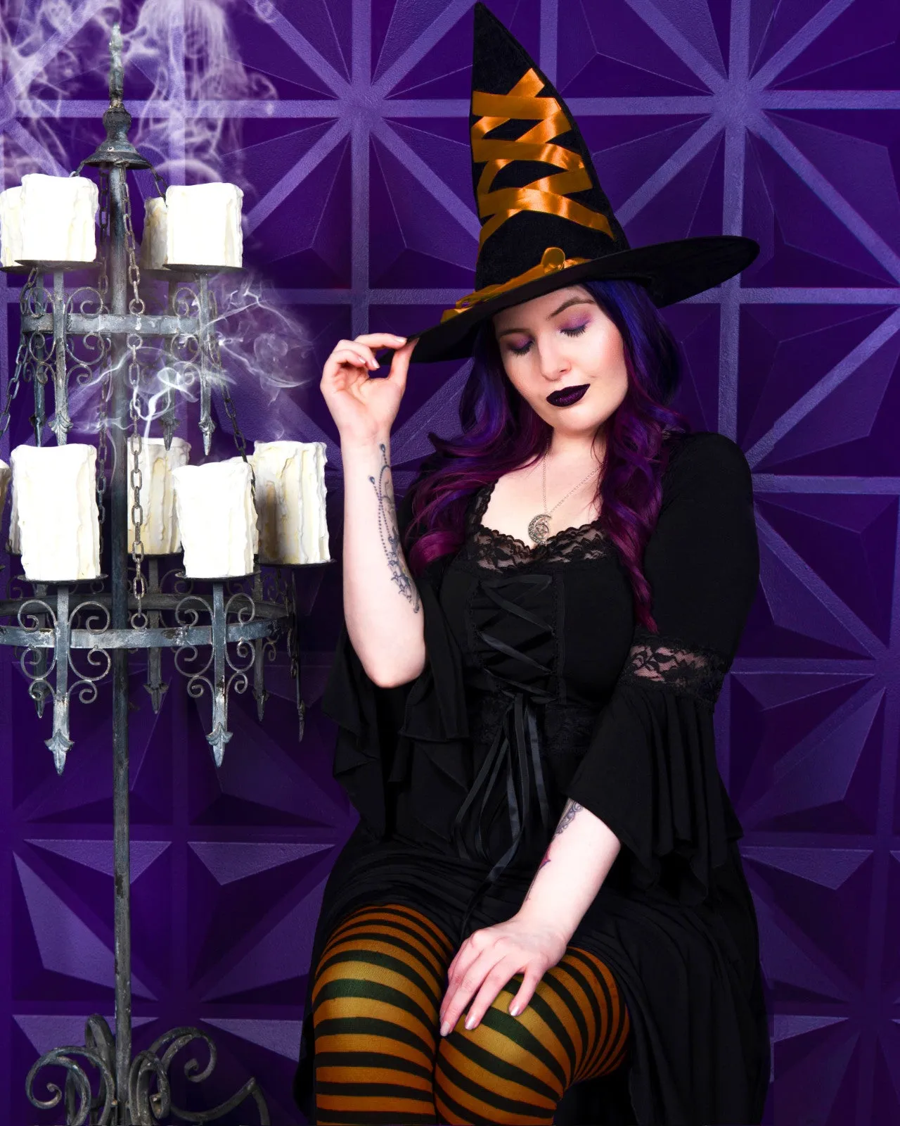 Sorceress Witch Costume with Black Renaissance Dress, Orange