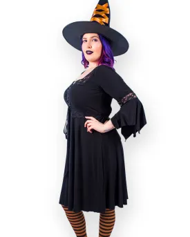 Sorceress Witch Costume with Black Renaissance Dress, Orange