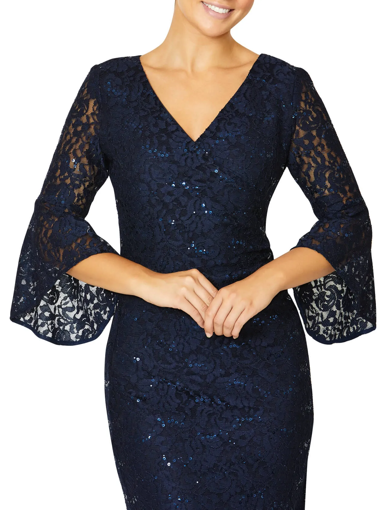 Stella Navy Stretch Sequin Lace Gown