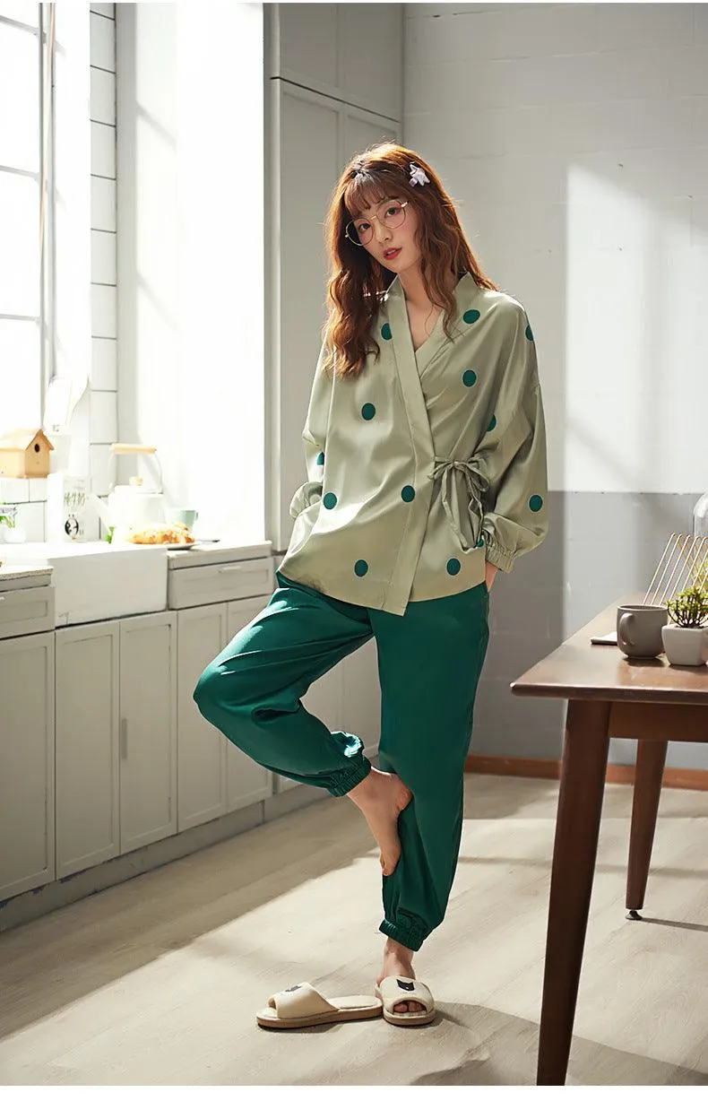 Summer Thin Long-sleeved Kimono Japanese Silk Loose Home Service Two-Piece Suit