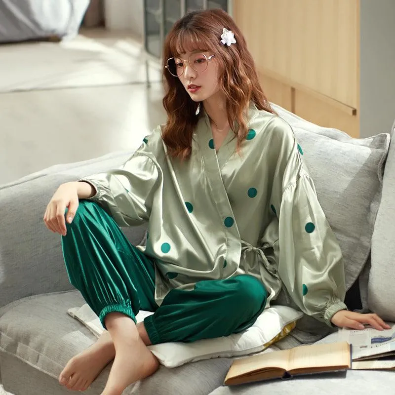 Summer Thin Long-sleeved Kimono Japanese Silk Loose Home Service Two-Piece Suit