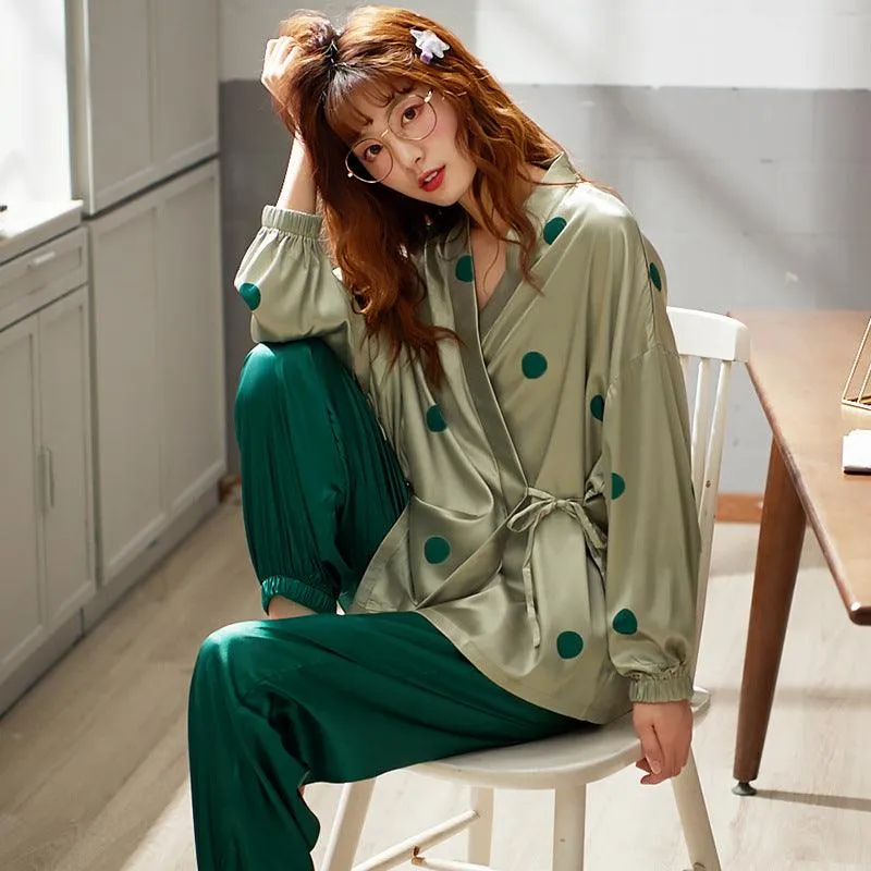 Summer Thin Long-sleeved Kimono Japanese Silk Loose Home Service Two-Piece Suit