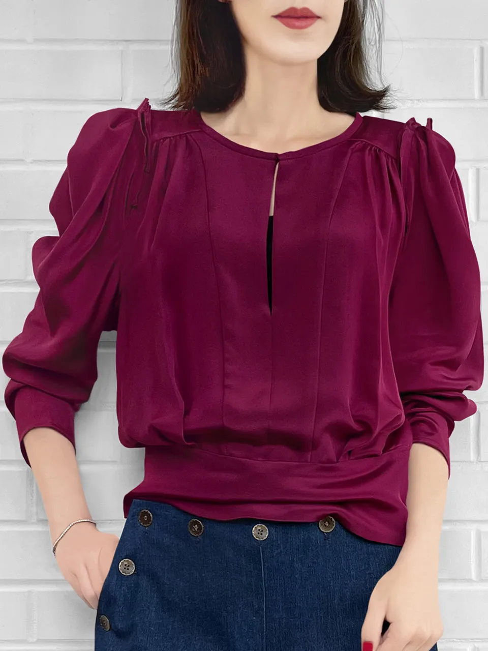 Surprise Sale! Merlot Retro Vibe Silky Statement Blouse