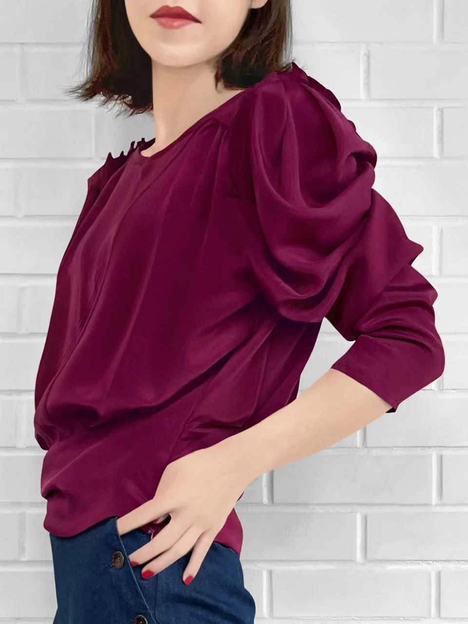 Surprise Sale! Merlot Retro Vibe Silky Statement Blouse