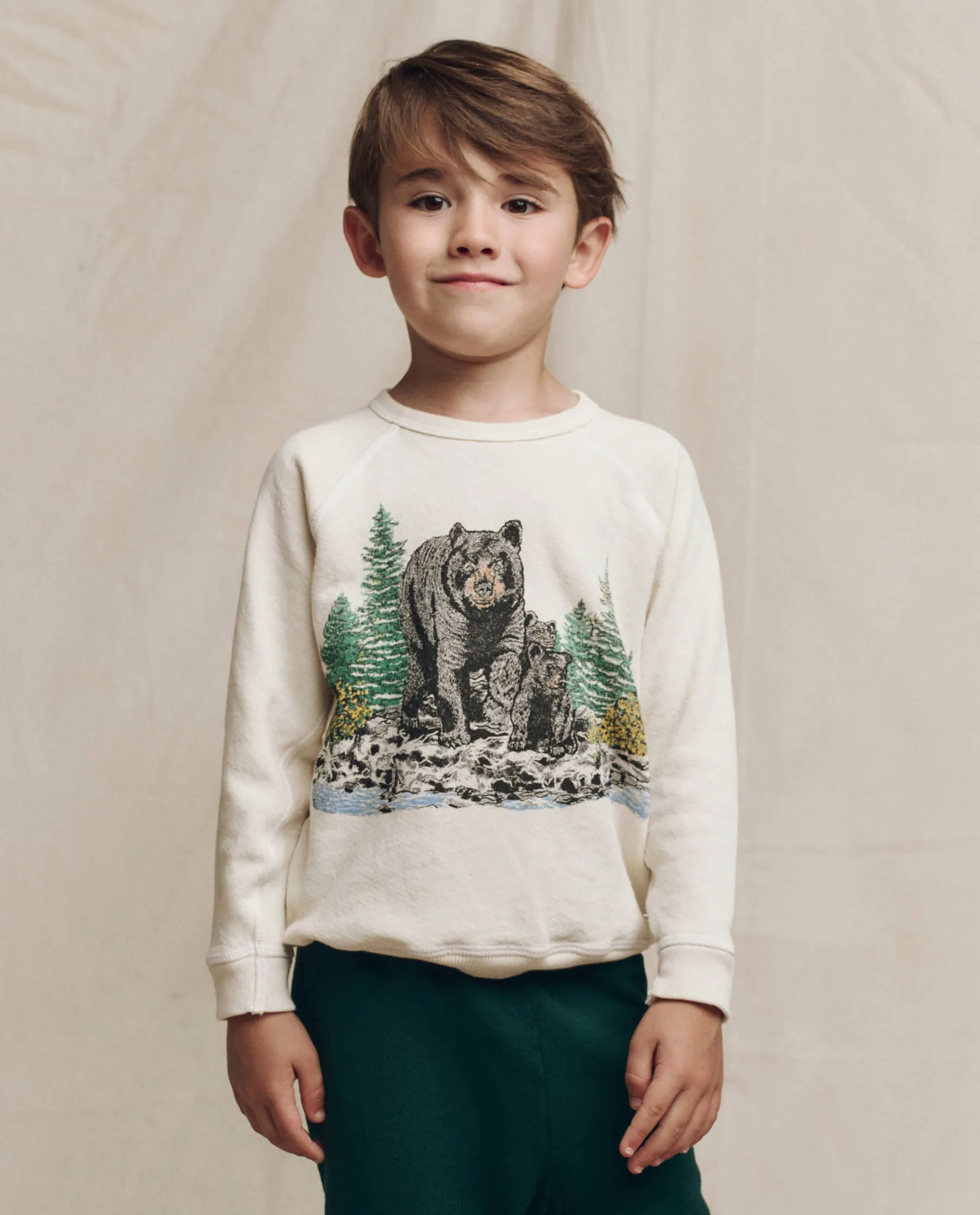 The Little College Sweatshirt. Graphic -- Washed White with Black Bear Graphic